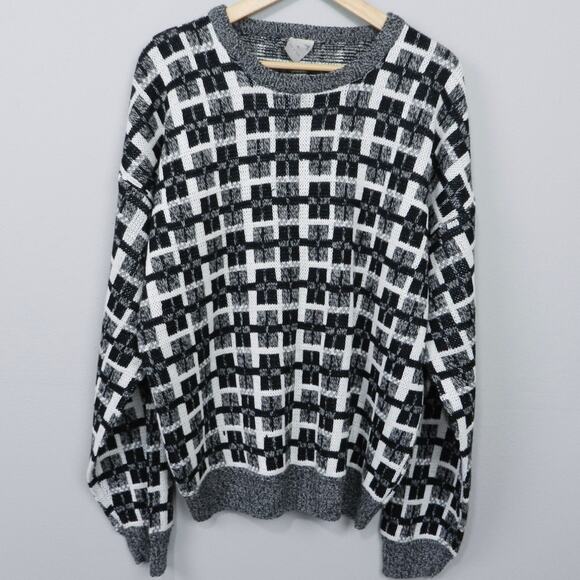 Vintage 90s Windridge Knit Grandpa Sweater‎ Size XL Gray Black Check Plaid - Picture 1 of 7